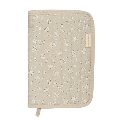 Peça de tecido bege com padrão floral branco e castanho e etiqueta bimbidreams