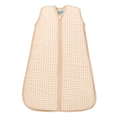 Saco de dormir bege e branco padrão vichy para bebé com fecho de correr