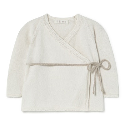 Casaco de bebé creme em malha com fecho cruzado e laço cinzento