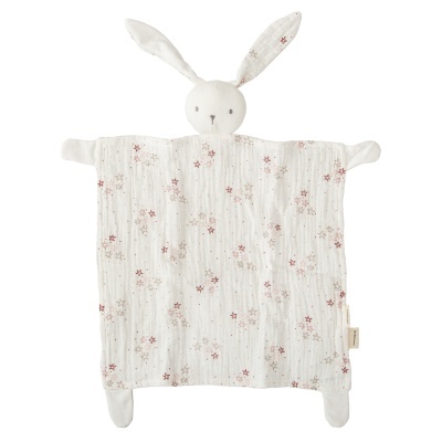 Doudou branca com cabeça de coelho e estrelas coloridas