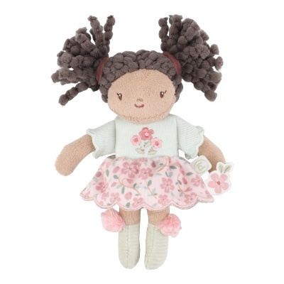 Boneca de peluche com vestido floral cor-de-rosa e cabelo castanho