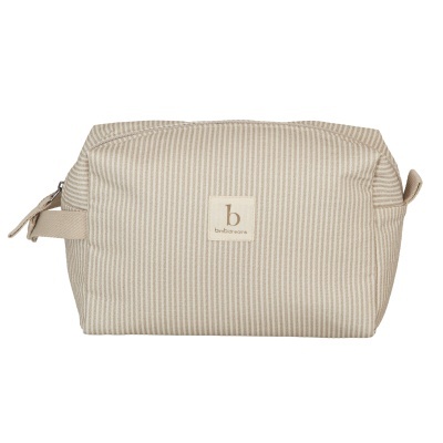 Necessaire retangular bege com riscas e etiqueta bimbidreams