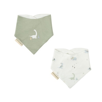 Dois babetes triangulares para bebés com motivos de dinossauros e etiquetas bimbidreams