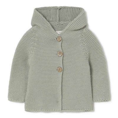 Casaco de malha cinza claro para bebé com capuz e botões de madeira