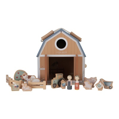 Brinquedo casa de fazenda com bonecos e acessórios de madeira