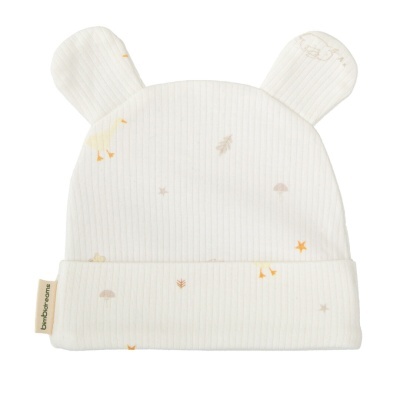 Gorro branco de bebé com estampa e orelhas em tecido canelado