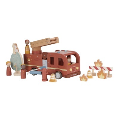 Brinquedo de camião de bombeiros em madeira com acessórios e personagens.