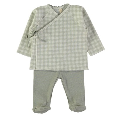 Conjunto de roupa de bebé xadrez cinza claro e branco com laço e calças cinza claro