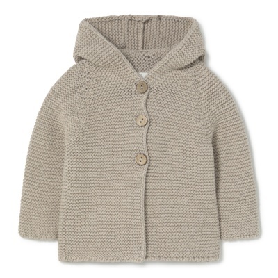 Casaco bege de malha com capuz e botões de madeira