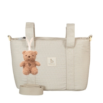 Bolsa de tecido bege riscada com ursinho de peluche castanho e etiqueta bimbidreams