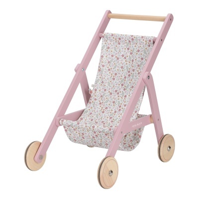 Carrinho de brinquedo infantil em madeira rosa com assento floral.