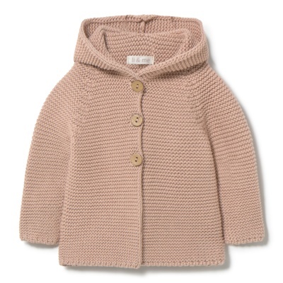 Casaco de malha rosa claro com capuz e botões de madeira para bebé