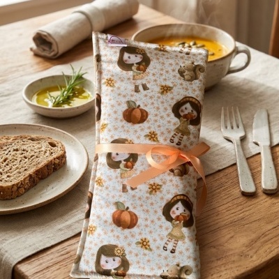 Guardanapo decorativo com padrão de meninas, abóboras e esquilos