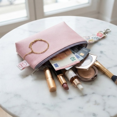 Necessaire rosa com maquilhagem, dinheiro e cartões em mesa branca de mármore
