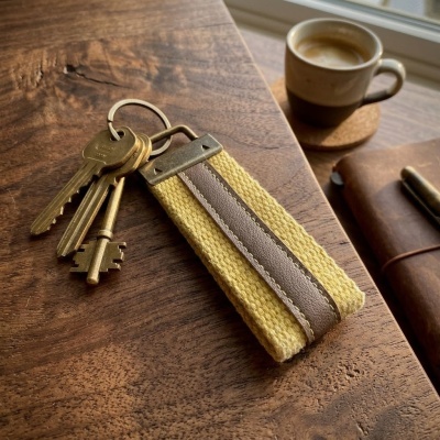 Chaves com porta-chaves amarelo e castanho numa mesa de madeira ao lado de café e caderno
