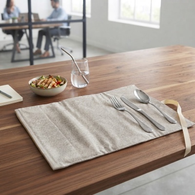 Conjunto de talheres em aço inoxidável sobre estojo de tecido cinzento claro numa mesa de madeira.