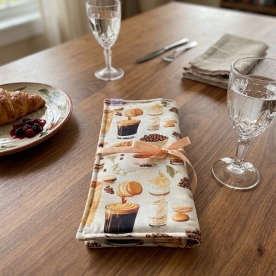 Estojo de tecido com padrão de bebidas e sobremesas amarrado com fita rosa claro sobre mesa de madeira com copos, croissant e guardanapos.
