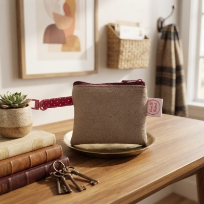 Bolsa pequena bege com fecho vinho e alça com bolinhas num prato dourado sobre mesa de madeira com livros, chaves e planta suculenta.