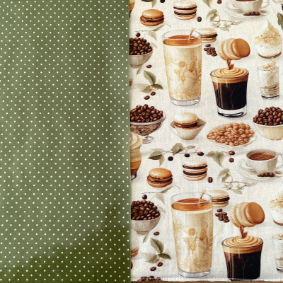 Tecido com padrão verde-oliva de bolinhas e imagens de café e macarons