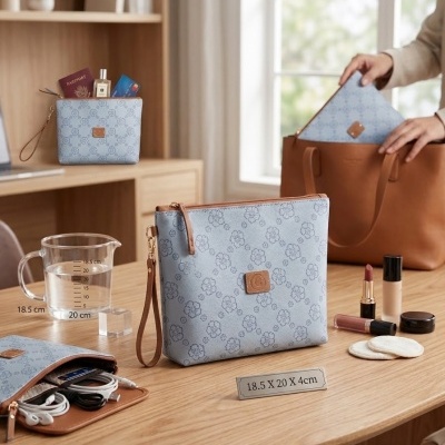 Bolsa clutch azul claro com padrão floral, alça de mão castanha e etiqueta castanha sobre mesa de madeira