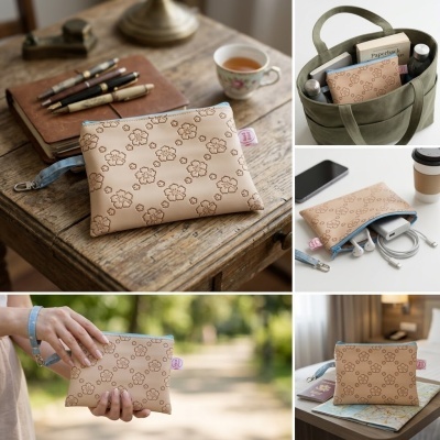 Bolsa pequena beige com padrão de flores e fecho azul em vários ambientes