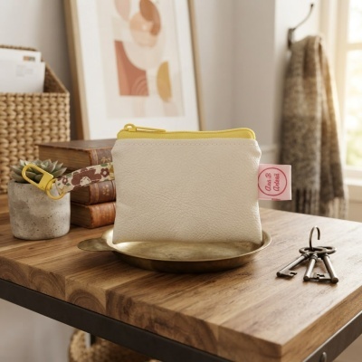 Bolsa pequena de couro branco com fecho amarelo e alça floral numa mesa de madeira