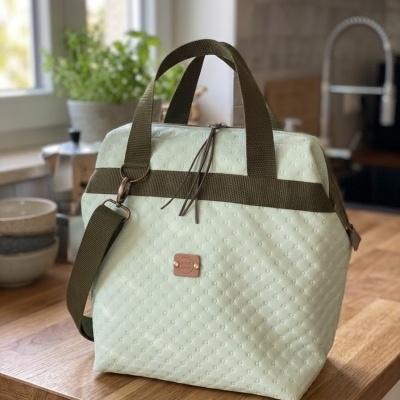 Mala de viagem verde clara acolchoada com alças verde-oliva em bancada de cozinha