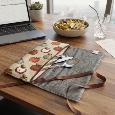Estojo de talheres em tecido com padrão de maçãs aberto sobre mesa de madeira com laptop, salada, copo de água, planta e menu.