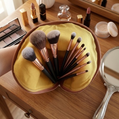Conjunto de pincéis de maquilhagem num estojo amarelo sobre uma mesa de madeira com outros produtos de beleza.