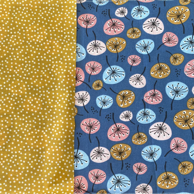 tecido de algodão com estampas amarelo com pontos brancos e azul com flores coloridas