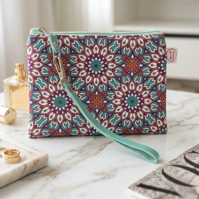 Bolsa de mão estampada com padrão geométrico colorido sobre mesa de mármore com acessórios