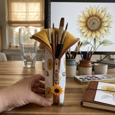 Estojo com pincéis de pintura em padrão de girassóis e abelhas numa mesa de madeira com material de pintura