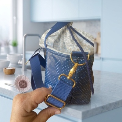 Bolsa azul com pontos brancos e alça azul ajustável com fivela dourada numa cozinha clara.