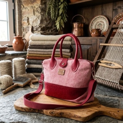Mala de mão rosa e vermelha em ambiente rústico com tecidos e utensílios