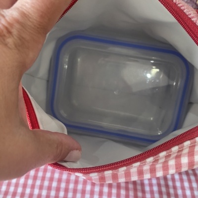 Mala térmica xadrez vermelha e branca com recipiente plástico azul dentro