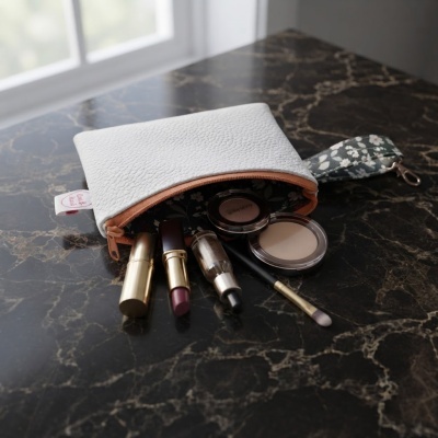 Necessaire branca com fecho cor de ferrugem e pega estampada com flores com maquilhagem sobre mesa preta