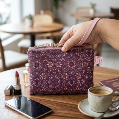 Bolsa pequena com padrão mandala e alça rosa sobre mesa com batom, perfume, telemóvel, café e passaporte.