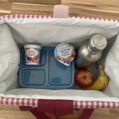 Saco térmico aberto com iogurtes, garrafa metálica, maçã, banana e embalagem plástica azul