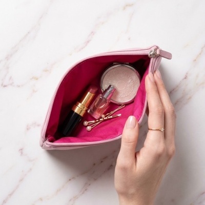 Necessaire cor-de-rosa aberto com maquilhagem e acessórios dentro e mão feminina a segurá-lo