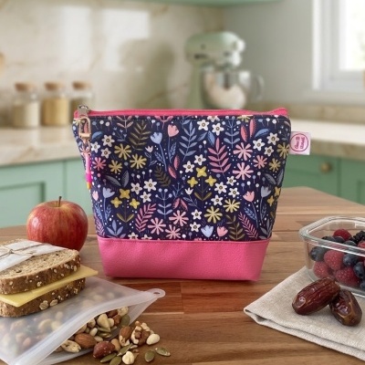 Estojo floral azul e rosa sobre bancada de cozinha com alimentos à volta.