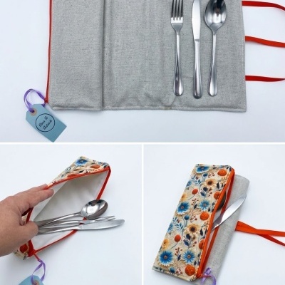 Conjunto de talheres com bolsa de tecido padrão floral
