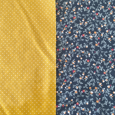 tecidos amarelo com bolinhas e azul escuro com padrão floral