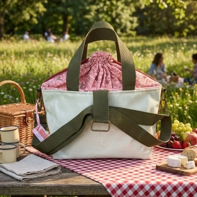 Bolsa de tecido com alças verdes numa mesa com toalha xadrez vermelha e branca num piquenique ao ar livre