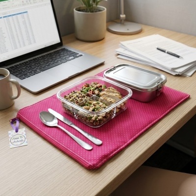 Mesa de escritório com computador, marmita e documentos