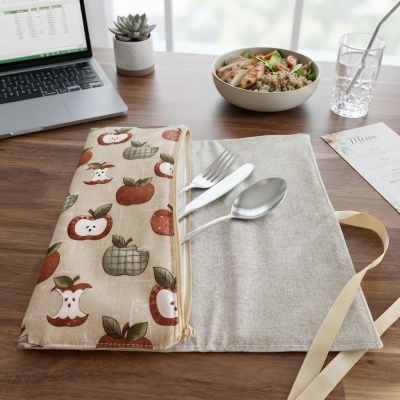 Estojo de talheres de tecido com padrão de maçãs aberto numa mesa com talheres, computador, prato de comida, copo e menu.