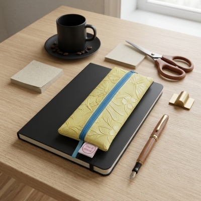 Mesa com caderno preto, estojo amarelo, caneta, tesoura, clips, blocos de notas e chávena preta com pires e grãos de café