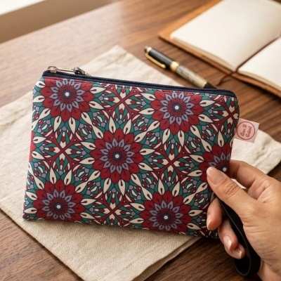 Bolsa pequena com padrão floral geométrico colorido, fecho zip azul, etiqueta rosa, mão segurando, mesa de madeira com caderno e caneta.