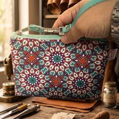 Necessaire com padrão floral colorido e fecho éclair, segurada em mão sobre bancada de madeira com ferramentas e etiquetas.