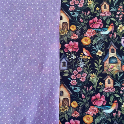 Dois tecidos, um lilás com pontos brancos e outro preto com casas de pássaros, flores e pássaros.