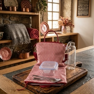 Conjunto de picnic com bolsa vermelha de padrão gingham, garrafa, caixa de plástico e talheres em cozinha rústica.